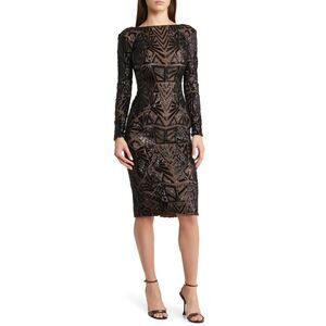 Dress the Population | Emery Long Sleeve Sequin Cocktail Midi Dress in Black | S